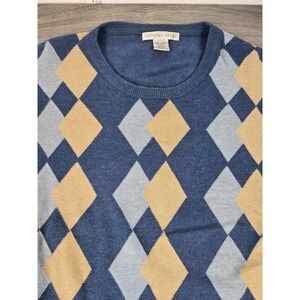 Geoffrey Beene Sweater Mens‎ XXL 2XL Blue Argyle Cotton Vintage Made Hong Kong